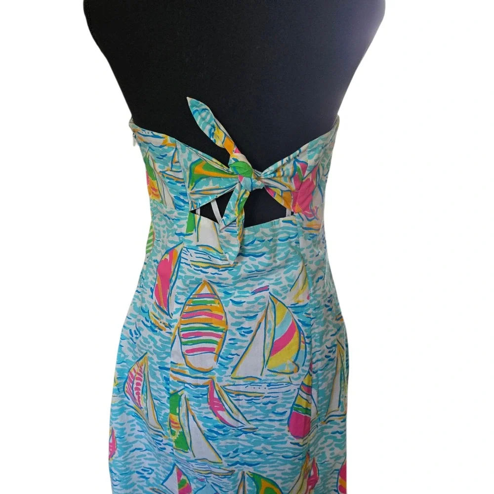 Lilly Pulitzer Sailboat Print Strapless Dress Blue Pink Cotton Size 10 - Picture 7 of 11